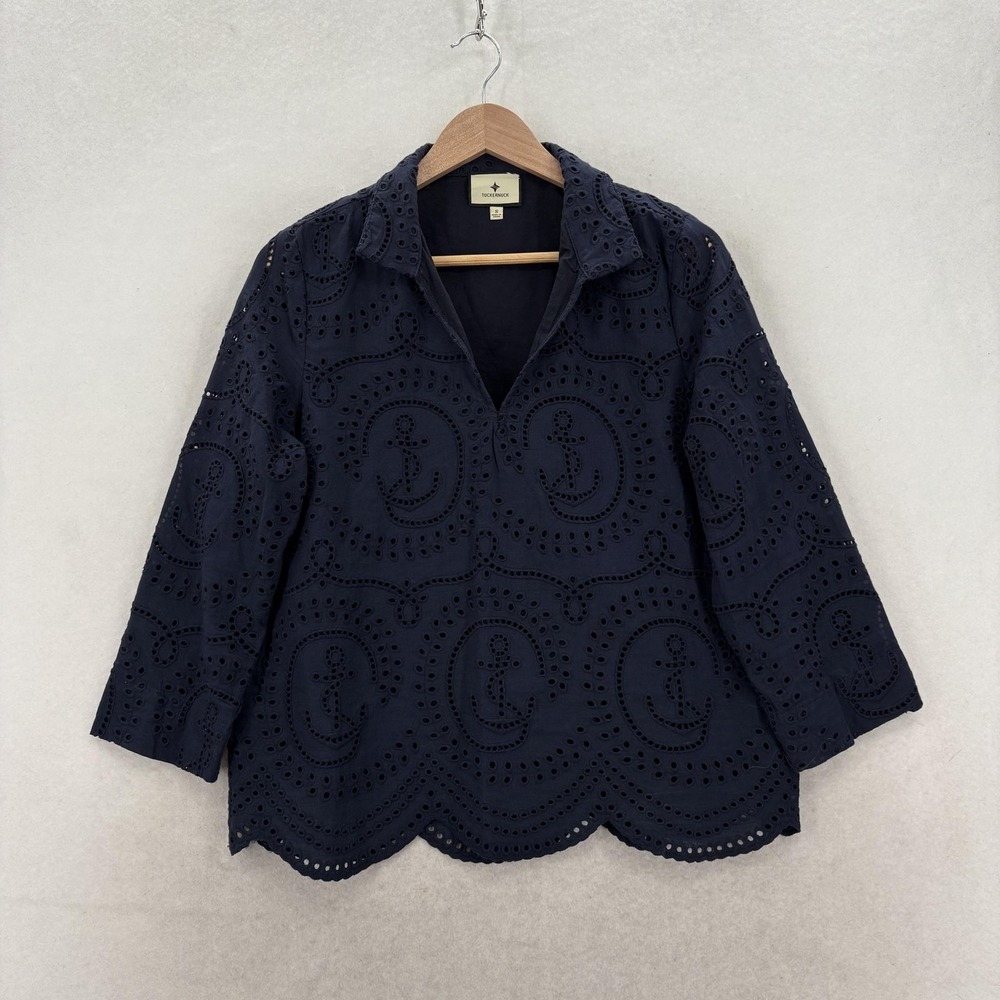 Tuckernuck Blouse Womens S Navy Blue Eyelet Anchor Collared 3/4 Sleeve Tunic